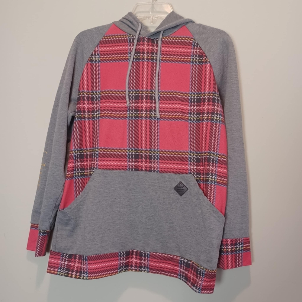Simply Southern Hoodie Medium Red Plaid And Grey Top Sweat Shirt Comfort